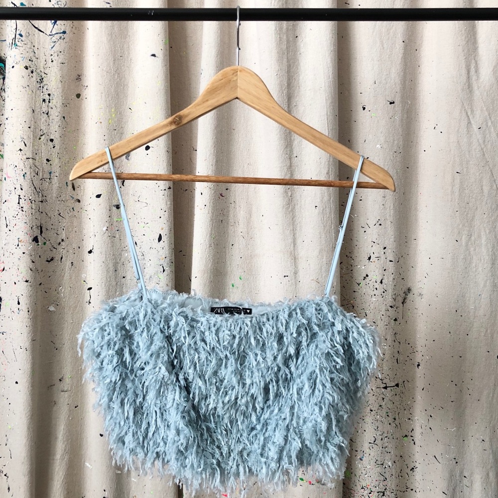 Baby blue feather fringe crop top.